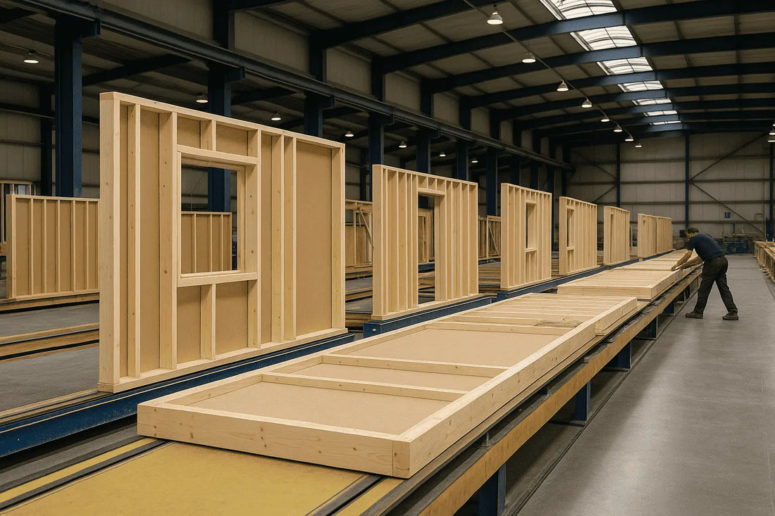 Prefab bouw in productiehal met montage van wanden en luchtdichte afdichting